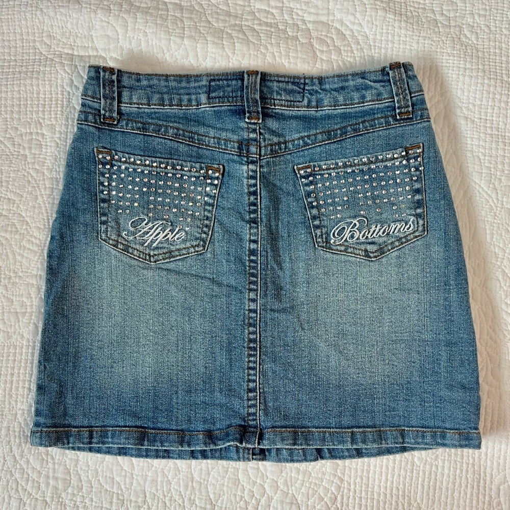 Vintage Y2K Apple Bottoms Rhinestone Denim Mini Skirt - Picture 2 of 12